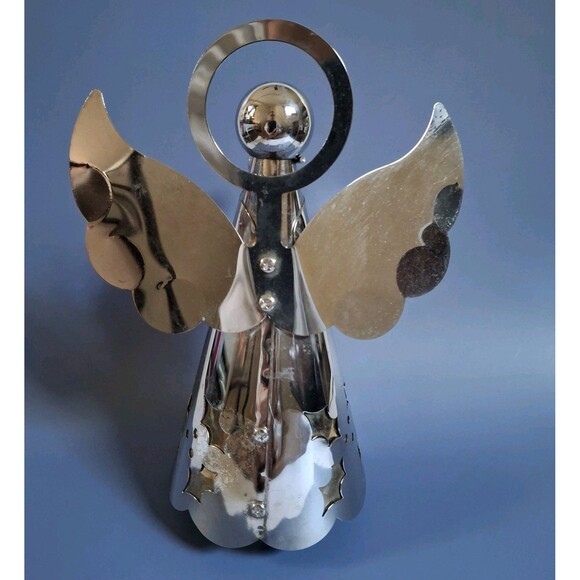 Silver Plated Wind Up Music Box Christmas Angel Plays Silent Night 7" Holiday - Picture 5 of 5